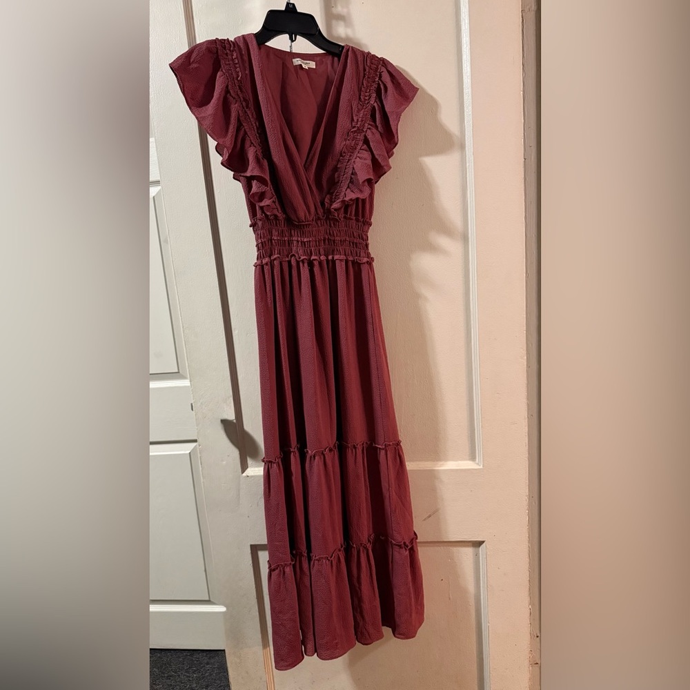 Max Studio Burgundy Maxi Dress with Ruffle Sleeves